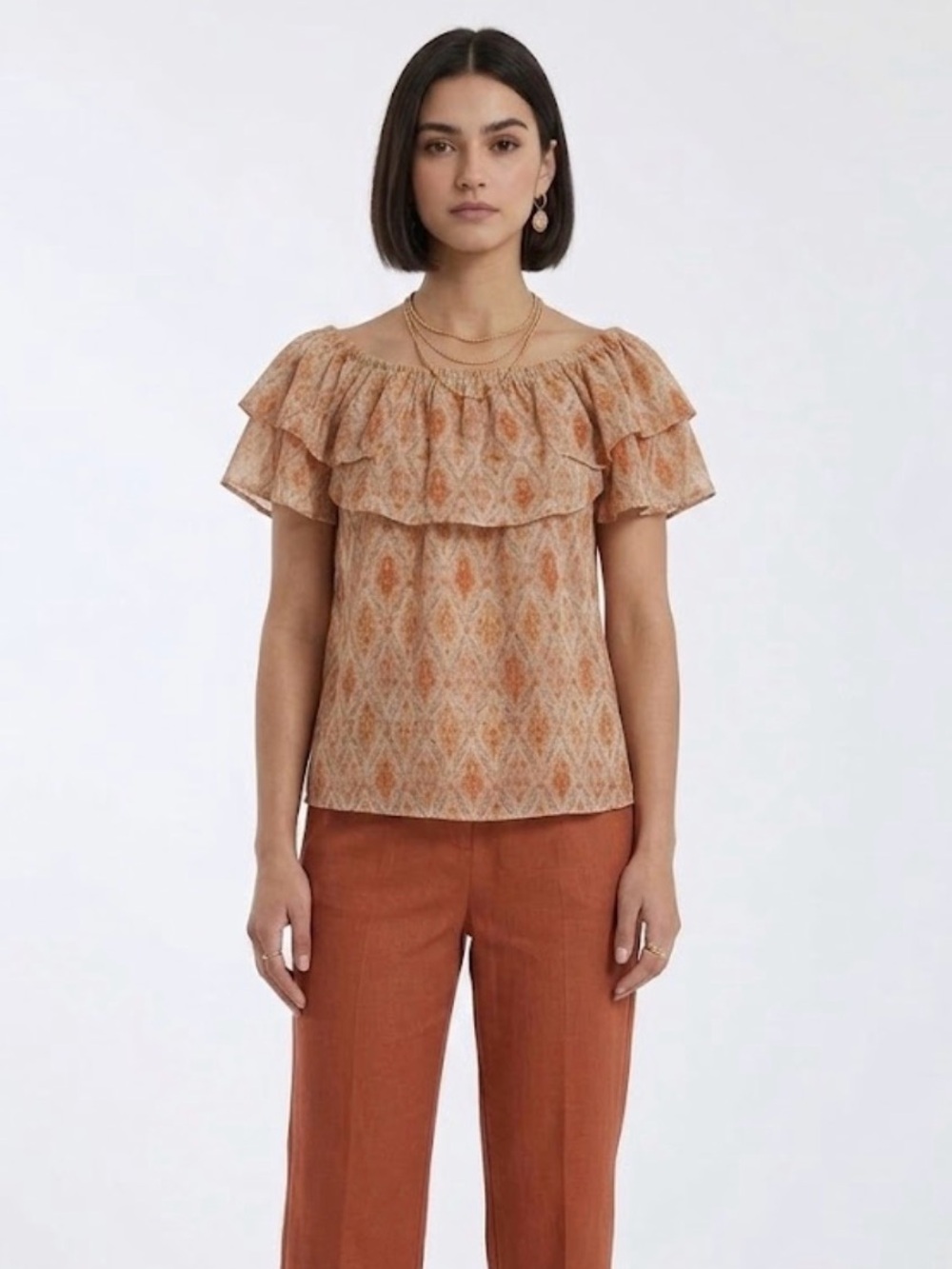 Sanctuary Boho Off-The-Shoulder Ruffle Blouse Paisley Ikat Print Peasant